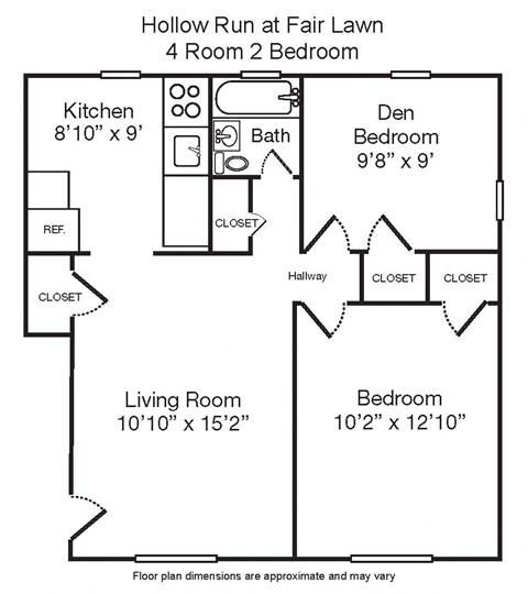 Floor plan for 2 beds, 1 bath